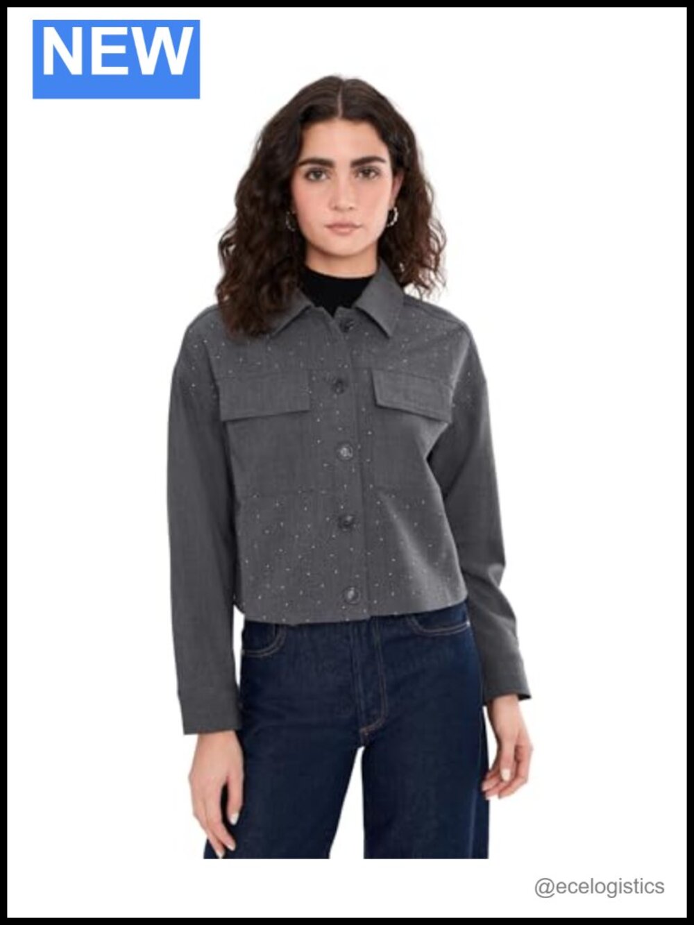 Womens Cropped Collared Button Up Long Sleeve Shacket with Pockets Polyester